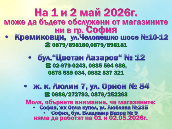 Майски празници 2026  работно време на магазините гр. София